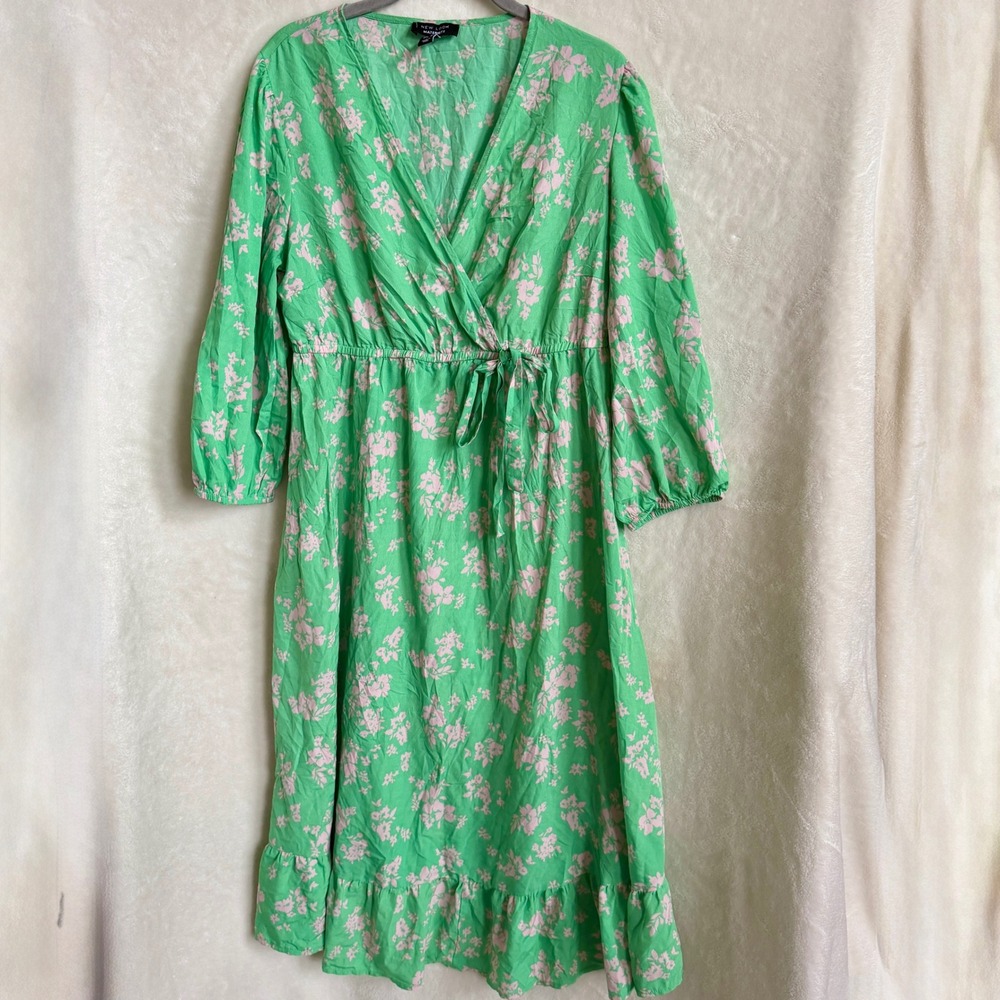New Look Maternity Womens Green Floral Wrap Midi Dress Tie Waist Size US 10